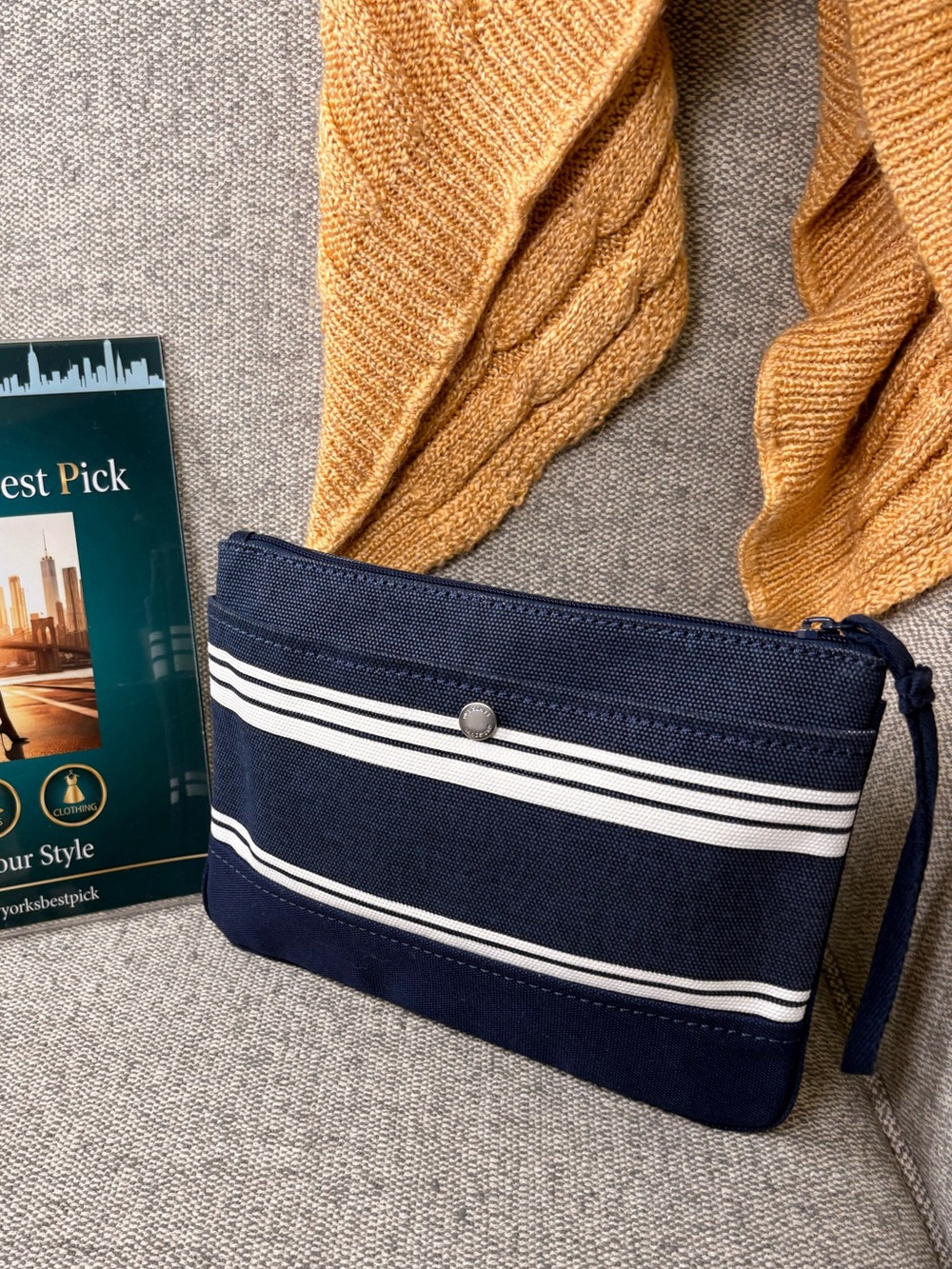Lands’ End Navy Striped Canvas Zip Pouch/Wristlet Pouch